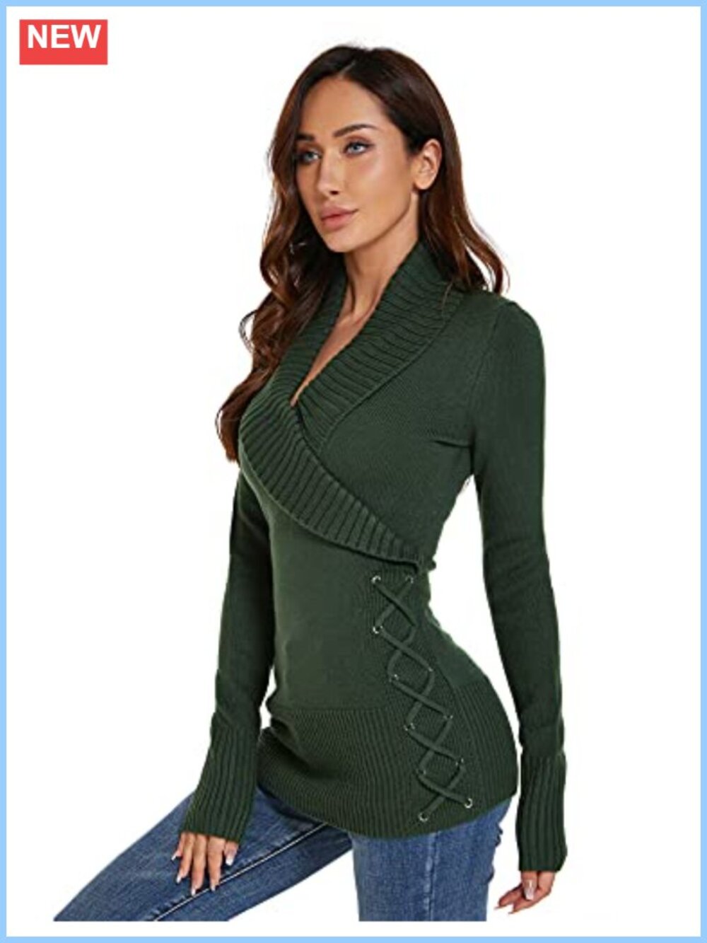 Slim Fit Shawl Collar Faux Wrap Lace Up Long Sleeve Acrylic Sweater Pullover
